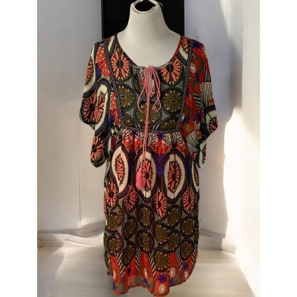 Ya Los Angeles Womens Multicolor Boho Geometric Kaftan Keyhole Mini Dress Medium - Picture 9 of 12